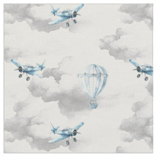 Whimsical kids nursery Plane in clouds baby boy  Fabric