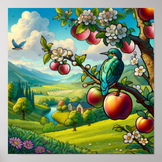 Whimsical Kingfisher Bird on Apple Tree Colorful Poster