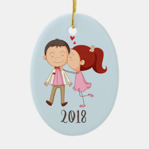 Whimsical Kissing Couple Keepsake Year Ceramic Ornament