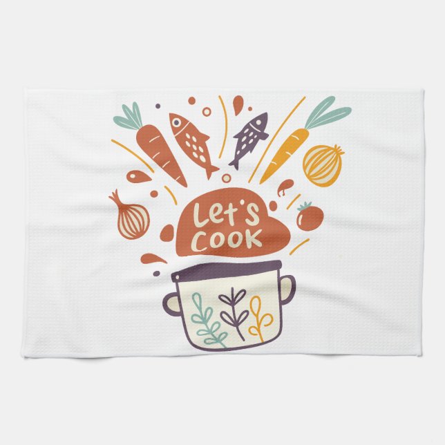 Whimsical Kitchen Scene with “Let’s Cook” Text –  Towel (Horizontal)