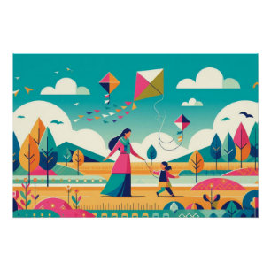 Whimsical Kite Adventure: Mother and Child's Color Poster