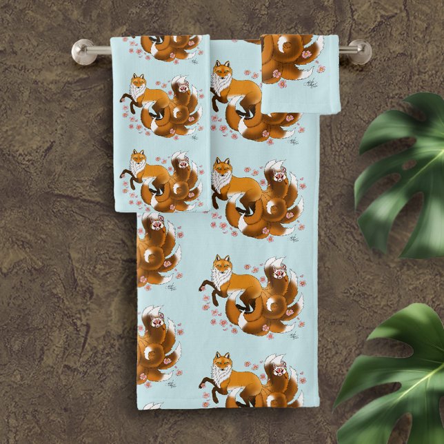 Whimsical Kitsune Fox Blue Cherry Blossoms Fantasy Bath Towel Set (Creator Uploaded)
