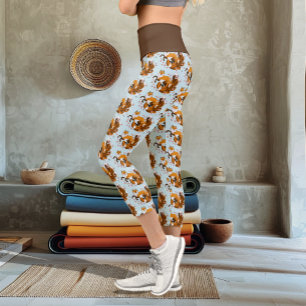 Whimsical Kitsune Fox Blue Cherry Blossoms Fantasy Capri Leggings