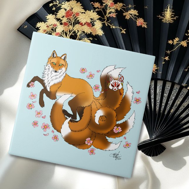 Whimsical Kitsune Fox Blue Cherry Blossoms Fantasy Ceramic Tile (Creator Uploaded)