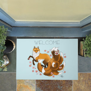 Whimsical Kitsune Fox Blue Cherry Blossoms Fantasy Doormat