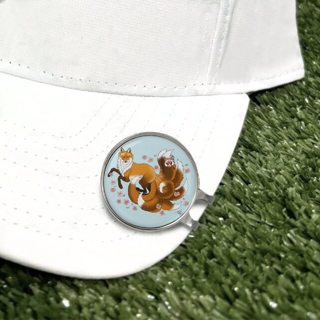 Whimsical Kitsune Fox Blue Cherry Blossoms Fantasy Golf Hat Clip (Creator Uploaded)