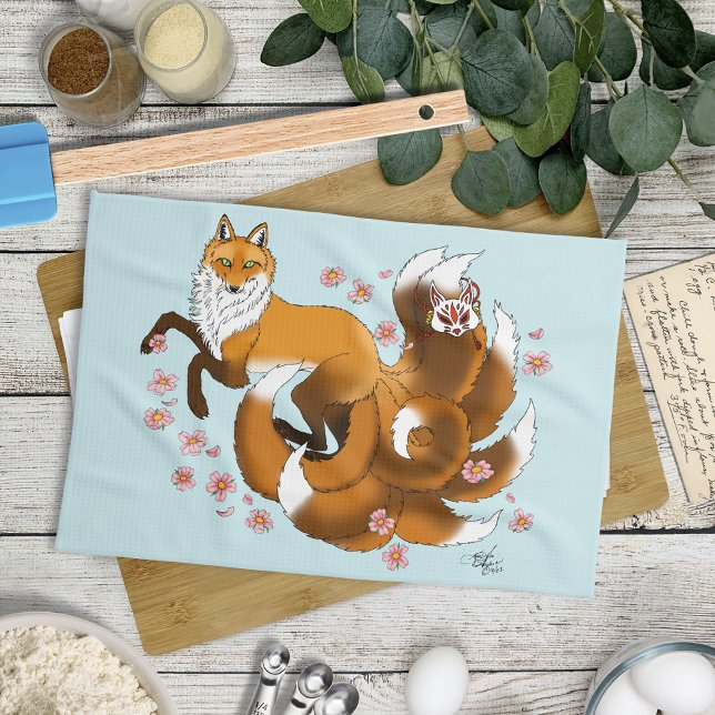 Whimsical Kitsune Fox Blue Cherry Blossoms Fantasy Kitchen Towel (Creator Uploaded)