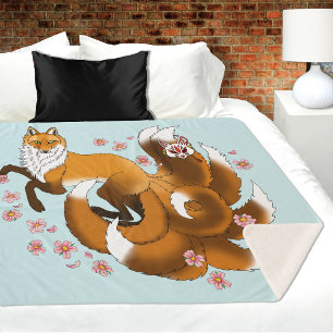 Whimsical Kitsune Fox Blue Cherry Blossoms Fantasy Sherpa Blanket