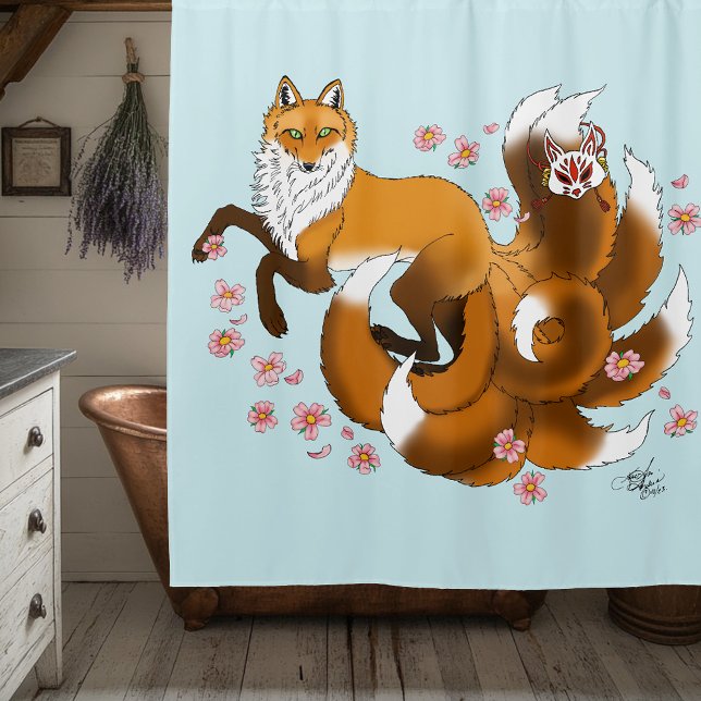 Whimsical Kitsune Fox Blue Cherry Blossoms Fantasy Shower Curtain (Creator Uploaded)