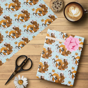 Whimsical Kitsune Fox Blue Cherry Blossoms Fantasy Wrapping Paper