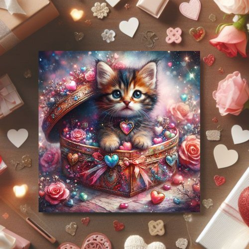 Whimsical Kitten Candy Hearts Glitter Valentine  Holiday Card