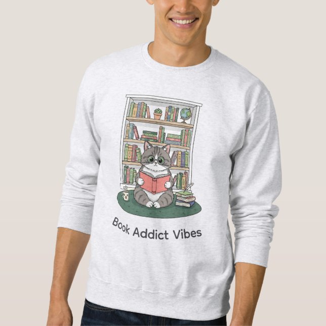 Whimsical Kitten Glasses Book Lover Bookshelf Cozy Sweatshirt (Front)