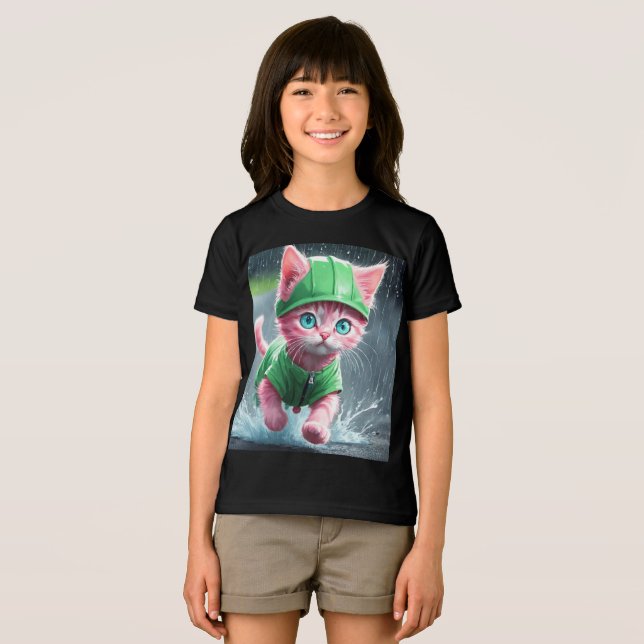 Whimsical Kitten Rain Run Premium Unisex Youth Tee (Front Full)