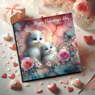 Whimsical Kittens Watercolor Floral Valentine  Holiday Card