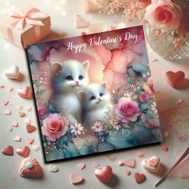 Whimsical Kittens Watercolor Floral Valentine  Holiday Card (Creator Uploaded)