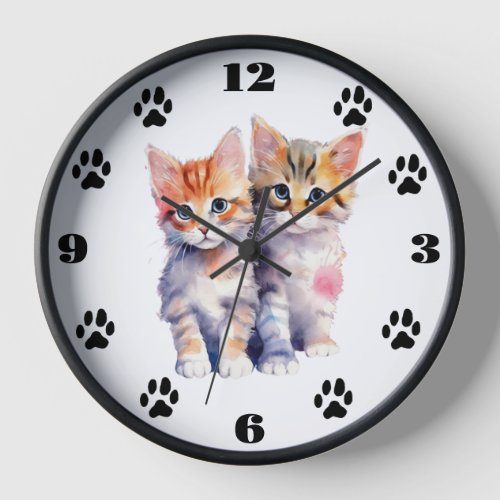 Whimsical Kittens Watercolor Wall Clock