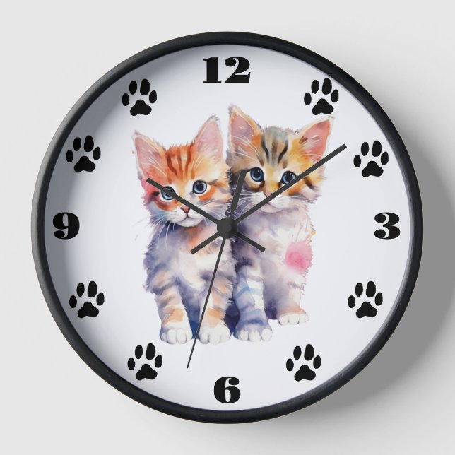 Whimsical Kittens Watercolor Wall Clock (Front)