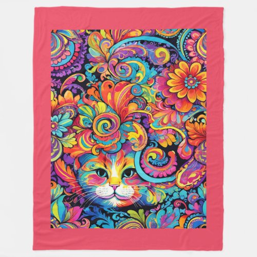 Whimsical Kitty Cat in Flowers Retro Vibe Fleece Blanket