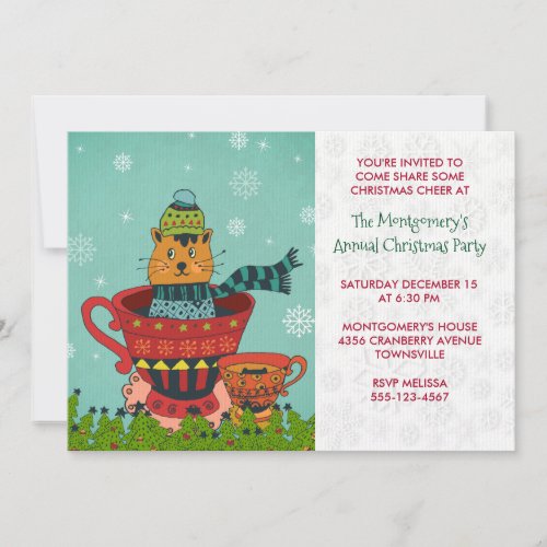 Whimsical Kitty Cat Sitting in a Teacup Xmas Party Invitation