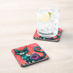 Whimsical Kitty Cat Sitting on Rug Floral Teal Beverage Coaster