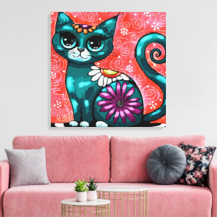 Whimsical Kitty Cat Sitting on Rug Floral Teal Canvas Print
