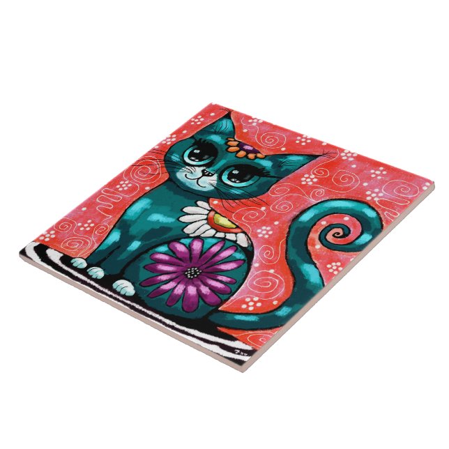 Whimsical Kitty Cat Sitting on Rug Floral Teal Ceramic Tile (Side)