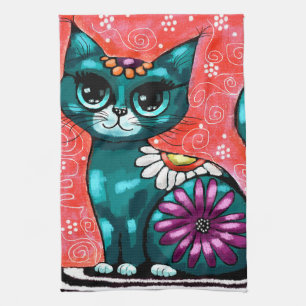 Whimsical Kitty Cat Sitting on Rug Floral Teal Kitchen Towel