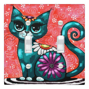 Whimsical Kitty Cat Sitting on Rug Floral Teal Light Switch Cover