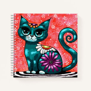 Whimsical Kitty Cat Sitting on Rug Floral Teal Notebook