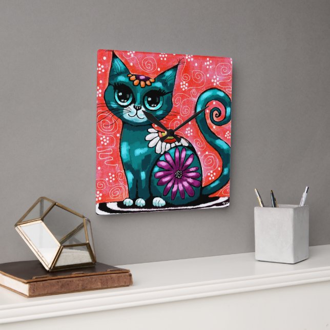 Whimsical Kitty Cat Sitting on Rug Floral Teal Square Wall Clock (Office)