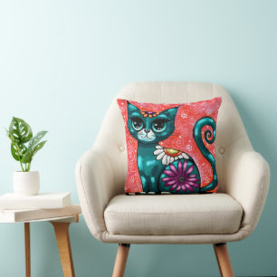 Whimsical Kitty Cat Sitting on Rug Floral Teal Throw Pillow
