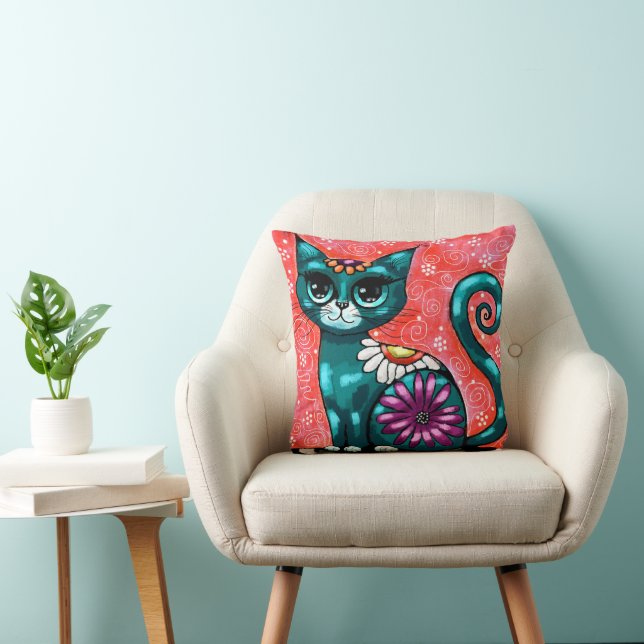 Whimsical Kitty Cat Sitting on Rug Floral Teal Throw Pillow (Chair)