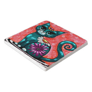 Whimsical Kitty Cat Sitting on Rug Floral Teal Trivet