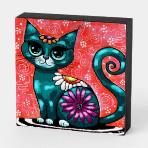 Whimsical Kitty Cat Sitting on Rug Floral Teal Wooden Box Sign