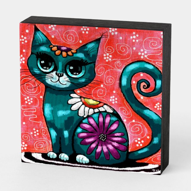 Whimsical Kitty Cat Sitting on Rug Floral Teal Wooden Box Sign (Angled Horizontal)