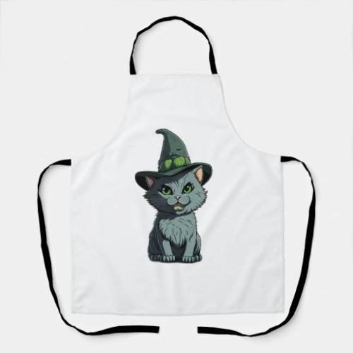 Whimsical Kitty Cute Grey Cat with Green Eyes and  Apron