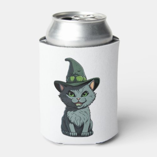 Whimsical Kitty Cute Grey Cat with Green Eyes and  Can Cooler