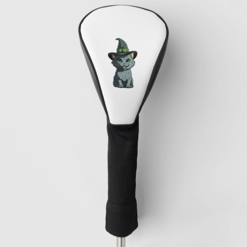 Whimsical Kitty Cute Grey Cat with Green Eyes and  Golf Head Cover