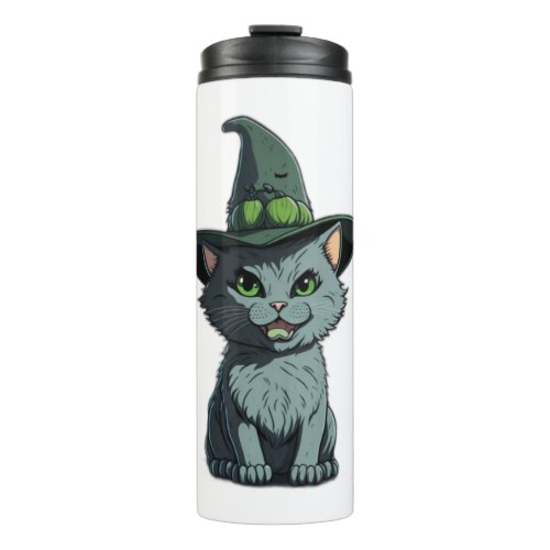 Whimsical Kitty Cute Grey Cat with Green Eyes and  Thermal Tumbler