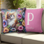 Whimsical Kitty Flower Garden Custom Monogram Throw Pillow at Zazzle