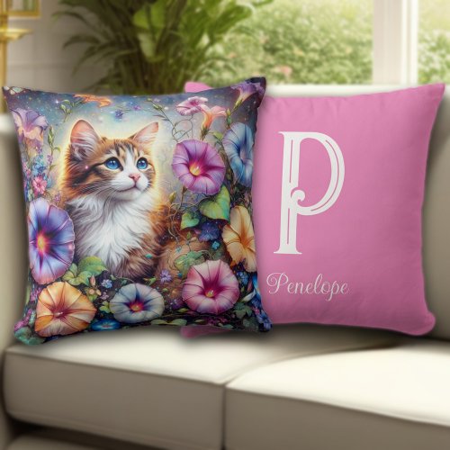 Whimsical Kitty Flower Garden Custom Monogram Throw Pillow