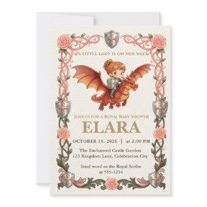 Whimsical Knight Girl and Dragon Baby Shower Invitation