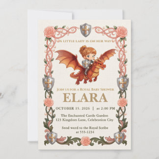 Whimsical Knight Girl and Dragon Baby Shower Invitation
