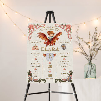 Whimsical Knight Girl and Dragon First Birthday Foam Board