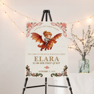 Whimsical Knight Girl and Dragon First Birthday Foam Board