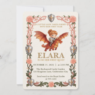 Whimsical Knight Girl and Dragon First Birthday Invitation