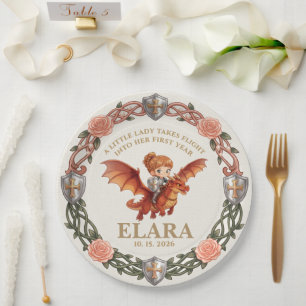 Whimsical Knight Girl and Dragon First Birthday Paper Plates