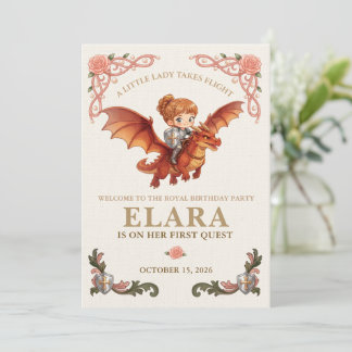Whimsical Knight Girl Dragon Birthday Welcome Sign Invitation