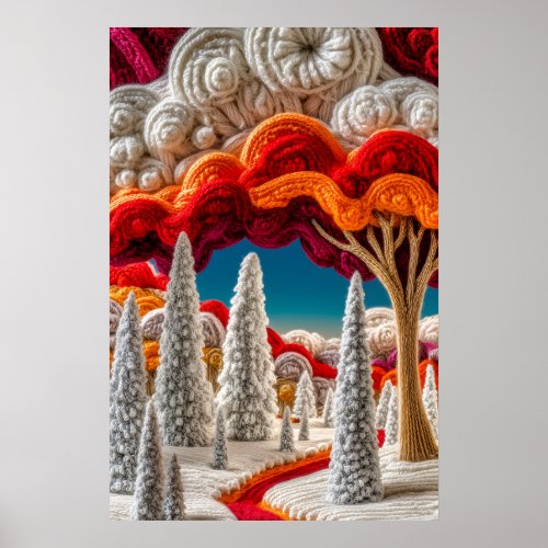 Whimsical Knitted Winter Forest Colorful Clouds  Poster
