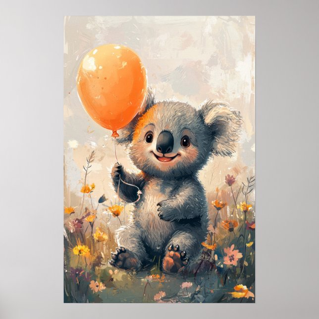 Whimsical Koala with Orange Balloon in Meadow Digi Poster (Front)